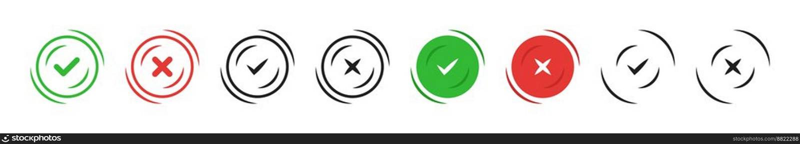 Check mark and cross icon. Green tick and red cross sign symbol. Test question. Positive Negative sign. 