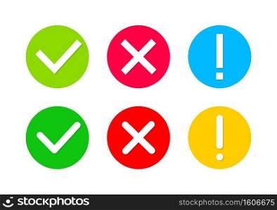 Check mark and cross. Icon of tick, warning and x. Green, red, yellow circles with signs of right, wrong and exclamation. Symbols for approved, test, poll and error marks. Set of graphic icons. Vector. Check mark and cross. Icon of tick, warning and x. Green, red, yellow circles with signs of right, wrong and exclamation. Symbols for approved, test, poll, error marks. Set of graphic icons. Vector.