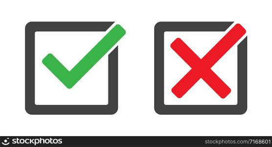 Check mark and cross in box vector isolated icons. Check mark icon set. Green and red yes and no signs. Green tick. Vote, voting. EPS 10