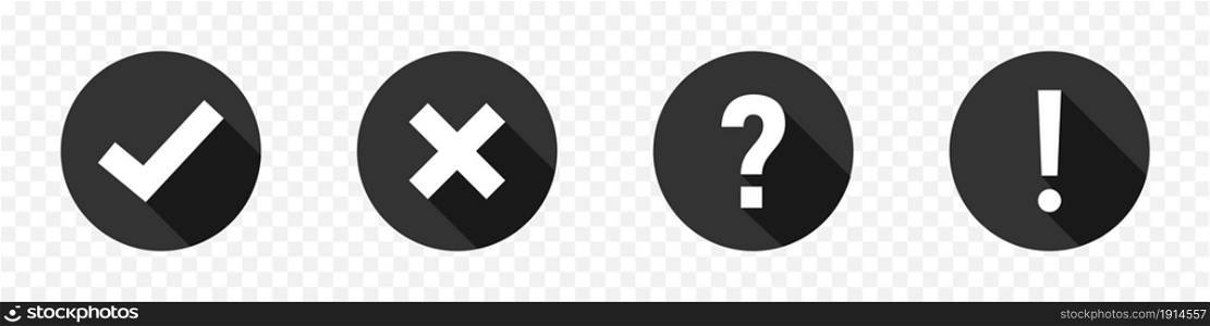 Check mark and cross with question and exclamation icon. Vector illustration. Signs collection in circle with shadow in flat design. EPS 10.. Check mark and cross with question and exclamation icon. Vector illustration. Signs collection in circle with shadow in flat design.