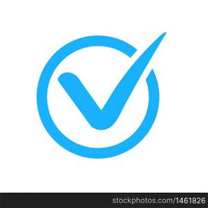 Check mark correct icon. Blue checkmark in circle for checklist. Ok button, checkbox flat style isolated. Blue tick symbol. vector eps10