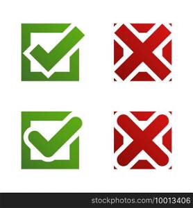 Check mark cross isolated elements. Green check mark and red cross in two variants. Stock vector. EPS 10