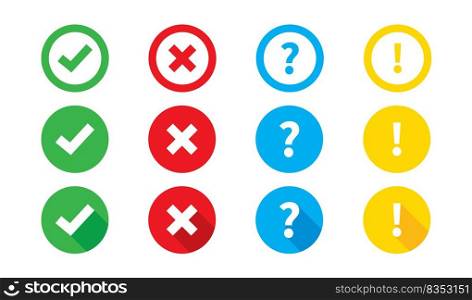 Check mark cross question and exclamation vector icon set on white background. Colorful sign symbol collection.. Check mark cross question and exclamation vector icon set. Colorful sign symbol collection.