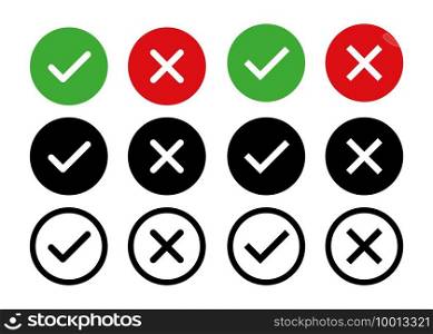 Check mark cross signs. Vector isolated elements. Check mark circle black icons signs vector. Vote symbol isolated vector tick elements. EPS 10