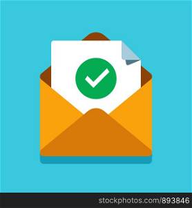 Check mark document in mail envelope. Approved tick marker, confirm accepted or checked on acceptance letter verify sending. Confirmation email message, verified emails mailer send flat vector icon. Check mark document in mail envelope. Approved tick marker, accepted or checked on letter. Confirmation email message vector icon