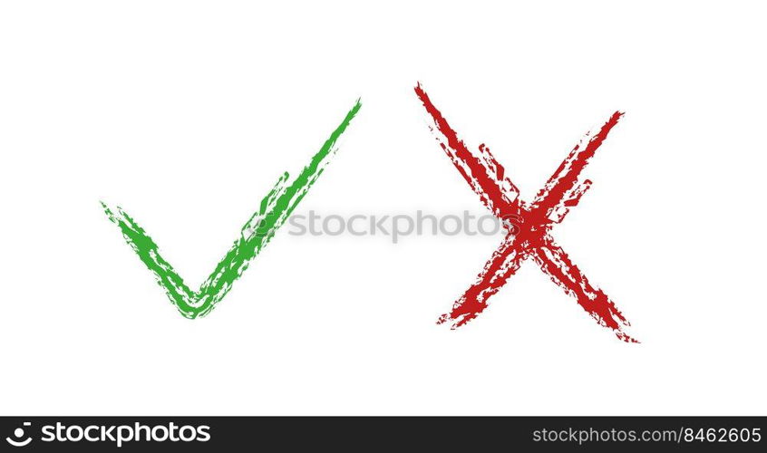 Check mark green and red hand-drawn line icons. Pros and cons, yes or not, vote for and against. Flat vector illustration isolated on white background.. Check mark green and red line icons. Flat vector illustration isolated on white