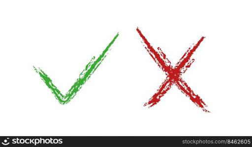 Check mark green and red hand-drawn line icons. Pros and cons, yes or not, vote for and against. Flat vector illustration isolated on white background.. Check mark green and red line icons. Flat vector illustration isolated on white