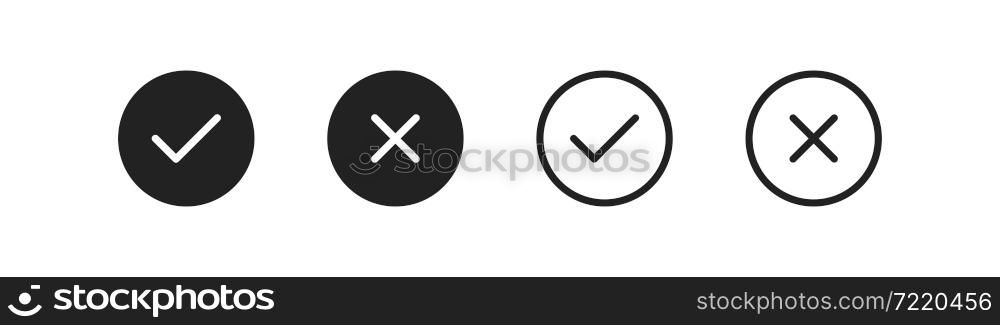 Check mark icon set. Cross web sign. Yes, no symbol in vector flat style.