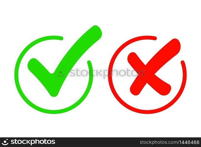 Check mark icon set. Gree Tick and red cross flat simbol. Check ok, YES or no, X marks for vote, decision, web. vector eps10. Check mark icon set. Gree Tick and red cross flat simbol. Check ok, YES or no, X marks for vote, decision. vector illustration