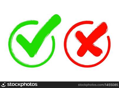 Check mark icon set. Gree tick and red cross flat simbol. Check ok, YES or no, X marks for vote, decision, web.Correct and incorrect sign. Right, wrong icons.vector eps10