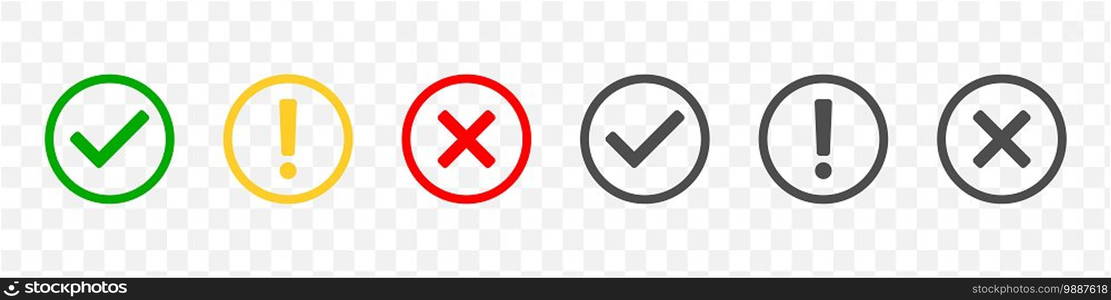 Check mark icons. Modern label icons check mark on transparent background. Tick sign, exclamation mark and cross icons. Yes and No symbols. Trendy style. Vector illustration