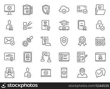 Check mark line icons. Quality standard marks, confirmed symbols and legal stamp. Verified signed certificate outline pictograms. Approval checkmark and checklist signs. Check mark icons. Quality standard mark, confirmed mark and legal stamp. Verified signed certificate icon