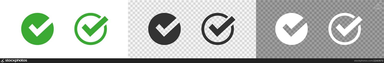 Check mark set icon. Green, black and white checkmark button in flat on transparent background. Vector tick yes sign symbol