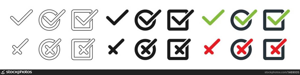 Check mark with cross collection, isolated. Check mark with cross vector icons in different design. Check marks with crosses in circle and square. Vector illustration