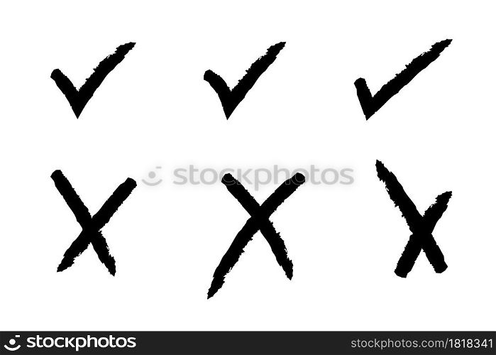 Check markand cross brush element. Tick brush symbols. Brush yes, no signs. Hand drawn check and cross signs isolated on white background. Stock vector