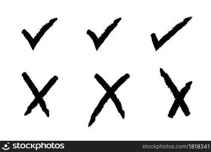 Check markand cross brush element. Tick brush symbols. Brush yes, no signs. Hand drawn check and cross signs isolated on white background. Stock vector