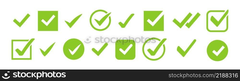 Check marks icons. Green tick symbol. Checkmark buttons set in circle and square boxes. Modern vector elements isolated.. Check marks icons. Green tick symbol. Checkmark buttons set in circle and square boxes.