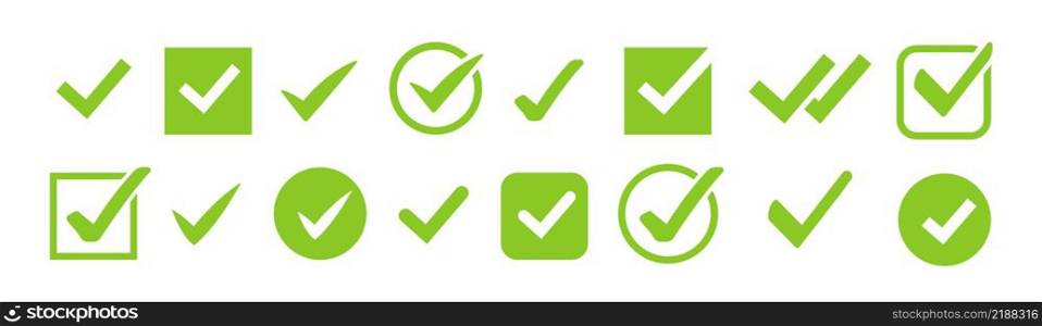 Check marks icons. Green tick symbol. Checkmark buttons set in circle and square boxes. Modern vector elements isolated.. Check marks icons. Green tick symbol. Checkmark buttons set in circle and square boxes.
