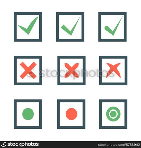 Check marks or ticks in boxes set. Positive and negative passed voting agreement true or completion of tasks on a list in red and green color