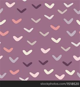 Check marks seamless pattern on purple background. Abstract doodle linear shape endless wallpaper. Funny decorative backdrop for fabric design, textile print, wrapping. Vector illustration. Check marks seamless pattern on purple background. Abstract doodle linear shape endless wallpaper.