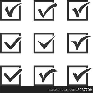 Check marks, ticks in boxes confirmation, positive vector icons. Check marks, ticks in boxes confirmation, positive vector icons. Positive check choice and vote correct positive illustration