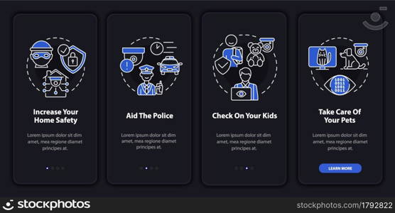 Check on family with CCTV onboarding mobile app page screen. Home security walkthrough 4 steps graphic instructions with concepts. UI, UX, GUI vector template with linear night mode illustrations. Check on your family CCTV onboarding mobile app page screen