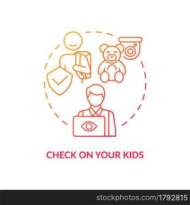 Check on your kids red concept icon. Busy parents. Wireless interaction. Camera security systems. Remote monitoring abstract idea thin line illustration. Vector isolated outline color drawing. Check on your kids red concept icon