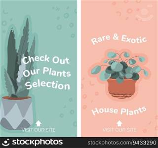 Check out our plants selection, rare and exotic houseplants in shop. Visit our site with flowers and blooming flora, florist proposal and deal for clients and customers. Vector in flat style. Rare and exotic house plants, check out selection