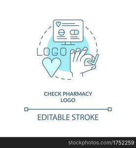 Check pharmacy logo concept icon. Online pharmacy idea thin line illustration. Buying medicines. Getting quality service. Vector isolated outline RGB color drawing. Editable stroke. Check pharmacy logo concept icon