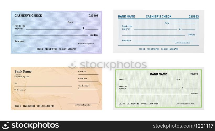 Check template. Blank bank cheque with guilloche pattern and watermark for banknote. Voucher or certificate, coupon or ticket paper blankcheck mockup vector set. Check template. Blank bank cheque with guilloche pattern and watermark for banknote. Voucher or certificate, coupon or ticket vector set