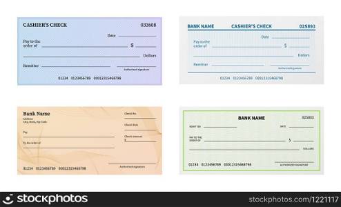 Check template. Blank bank cheque with guilloche pattern and watermark for banknote. Voucher or certificate, coupon or ticket paper blankcheck mockup vector set. Check template. Blank bank cheque with guilloche pattern and watermark for banknote. Voucher or certificate, coupon or ticket vector set