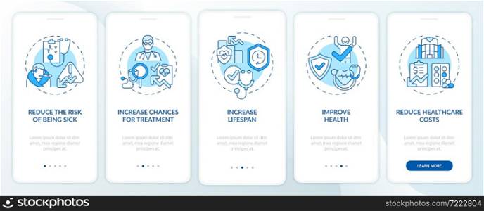 Check ups benefits blue onboarding mobile app page screen. Improving health walkthrough 5 steps graphic instructions with concepts. UI, UX, GUI vector template with linear color illustrations. Check ups benefits blue onboarding mobile app page screen
