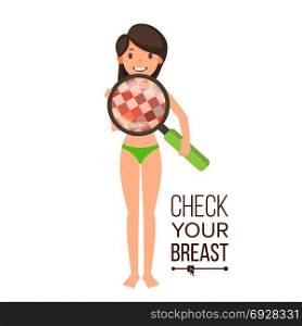 Check Your Breast Vector. Naked Woman, Magnifying Glass. Censored Skin. Body Female Healthcare Sex Concept. Oncology, Tumor. Medical Flyer, Brochure. Check Breast Cancer Isolated Cartoon Illustration. Check Your Breast Vector. Naked Woman, Magnifying Glass. Censored Skin. Body Female Healthcare Sex Concept. Oncology, Tumor. Medical Flyer, Brochure. Check Breast Cancer Isolated