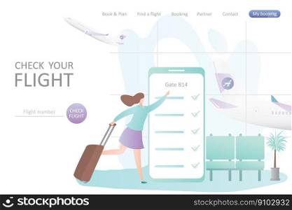 Check your flight landing page,big smartphone in airport interior and running girl with suitcase,last call on boarding concept web page,airplane take off,trendy style vector illustration