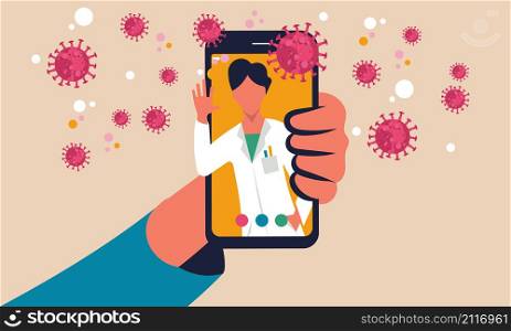 Check your health on your mobile phone. Home doctor consultation and tele technology for patient vector concept illustration. Healthcare service diagnosis people on device and online medical app
