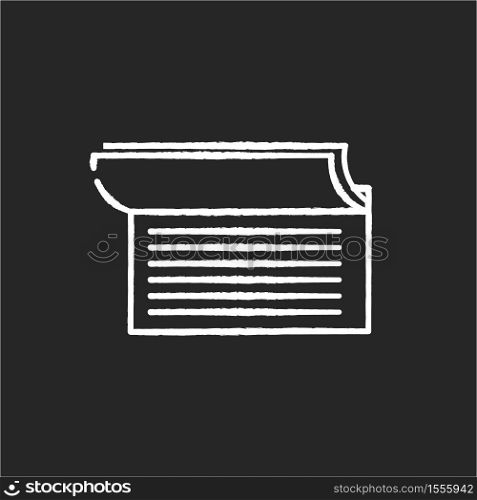 Checkbook chalk white icon on black background. Document for commerce. Payroll for payment. Write cheque. Business tax. Check book notes. Banking operation. Isolated vector chalkboard illustration. Checkbook chalk white icon on black background