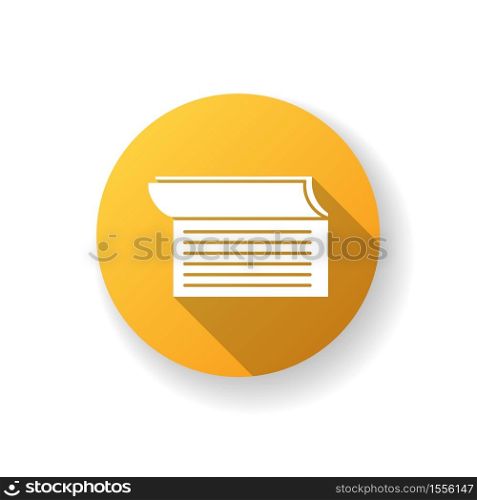 Checkbook flat design long shadow glyph icon. Document for commerce. Write cheque. Business tax. Check book notes. Accounting service. Banking operation. Silhouette RGB color illustration. Checkbook yellow flat design long shadow glyph icon