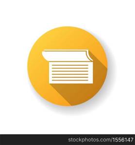 Checkbook flat design long shadow glyph icon. Document for commerce. Write cheque. Business tax. Check book notes. Accounting service. Banking operation. Silhouette RGB color illustration. Checkbook yellow flat design long shadow glyph icon