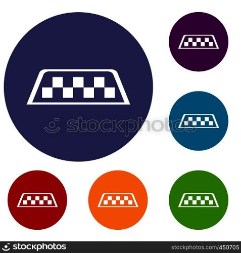 Checker taxi icons set in flat circle reb, blue and green color for web. Checker taxi icons set
