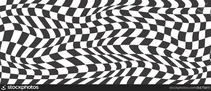 Checkerboard wavy pattern. Abstract chess square print. Black and white psychedelic optical illusion. Warped flag with geometric graphic. Y2k design for banner.. Checkerboard wavy pattern. Abstract chess square print. Black and white psychedelic optical illusion. Warped flag with geometric graphic. Y2k design for banner