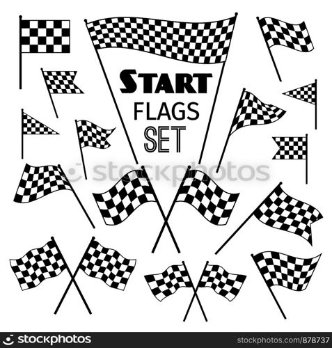 Checkered flag icons isolated on white background. Waving and crossed vector racing flags. Checkered flag icons