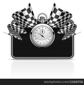 Checkered flag with a stopwatch background. Vector illustration. Easy to resize frame
