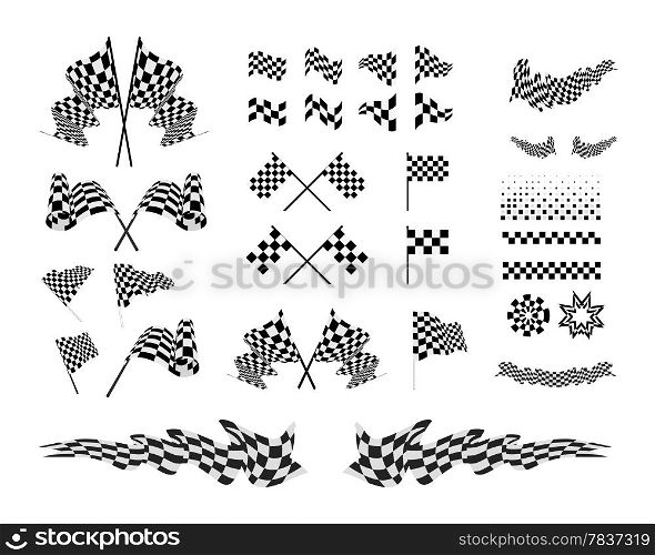 Checkered Flags and ribbons set vector illustration on white background.