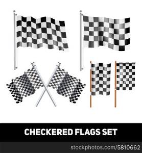 Checkered Flags Decorative Icon Set. White and black checkered flags on shaft and pole realistic color decorative icon set isolated vector illustration