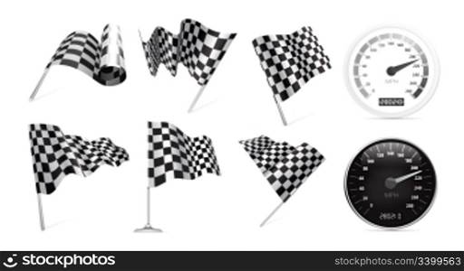 Checkered Flags set with speedometer illustration on white background.