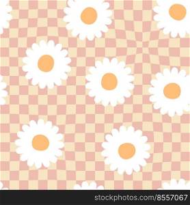 Checkered seamless pattern with chamomile flowers in 1970 style. Groovy abstract print for fabric, textile, paper, stationery. Retro vector illustration for decor and design.