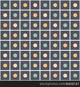 Checkered seamless pattern with round spots in 1970 style. Simple grid print for T-shirt, fabric, textile. Geometric vector illustration for decor and design.
