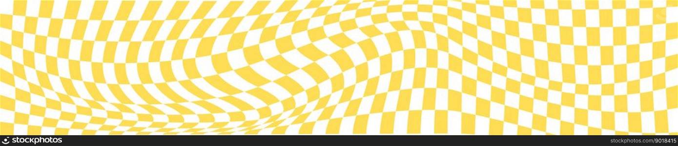 Checkered white and orange chessboard background with distortion. Psychedelic pattern with warped squares. Optical illusion effect. Trippy checker board texture. Vector flat illustration. Checkered white and orange chessboard background with distortion. Psychedelic pattern with warped squares. Optical illusion effect. Trippy checker board texture