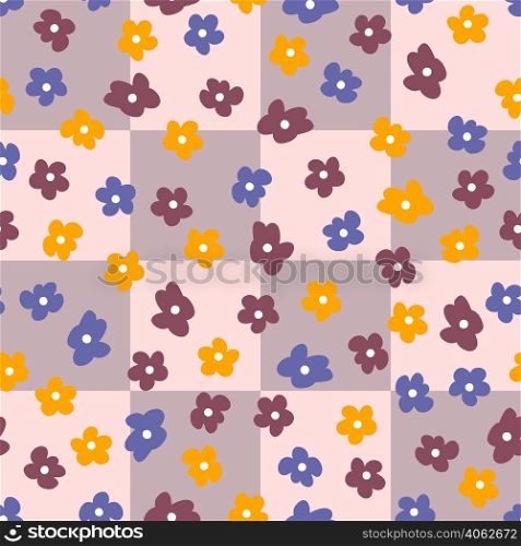 Checkers seamless pattern with abstract flowers in 1970s style. Colorful background for T-shirt, poster, card and print. Simple and trendy flat vector illustration in retro style.