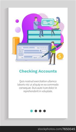 Checking account vector, man and woman with check and signature, person holding big pen writing info on bill, people using banking system. Website or app slider template, landing page flat style. Checking Account People with Bills Cards Finance
